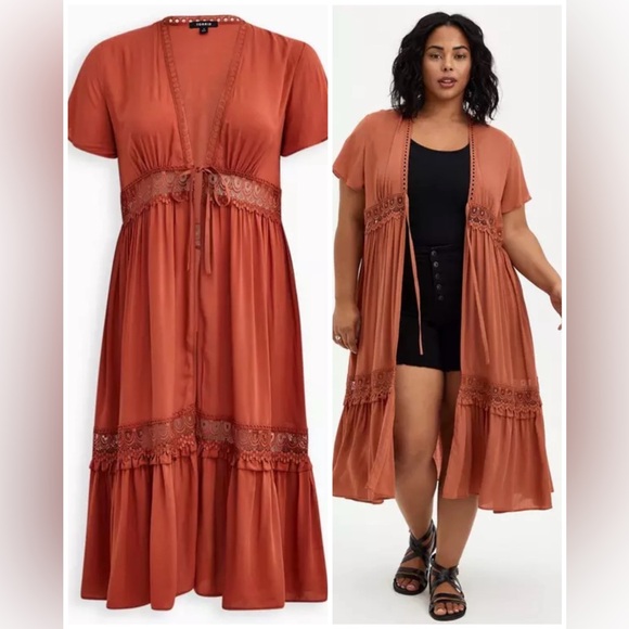 torrid Other - Torrid Duster Length Kimono Tie Front Lace Details in Orange Rust Size 2X
